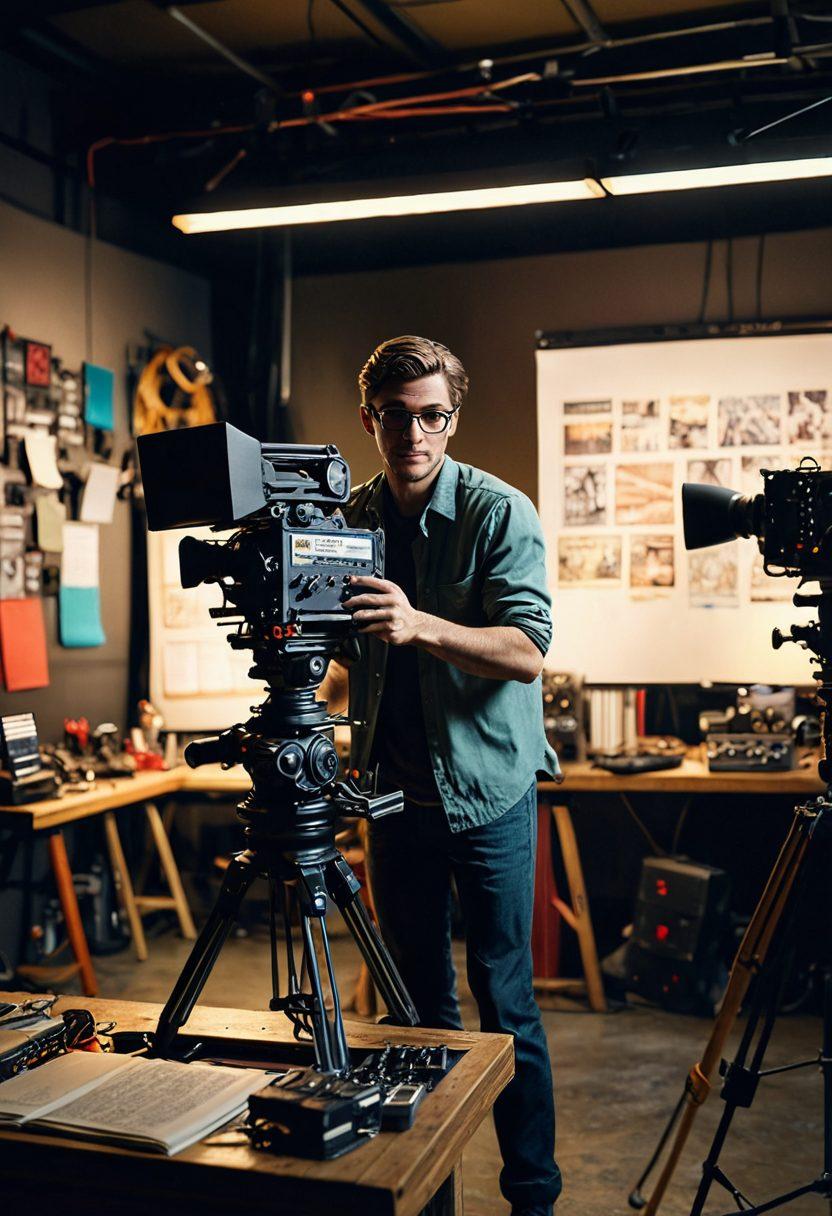 A dynamic scene depicting a filmmaker in a bustling film studio, surrounded by a clapperboard, camera gear, and a storyboard. In the background, a half-finished movie set showcases dramatic lighting and colorful props, representing the transition from script to screen. The artist's expression conveys passion and creativity, emphasizing the storytelling process. Cinematic elements in vibrant colors with a hint of movement and depth. super-realistic. vibrant colors. 3D.