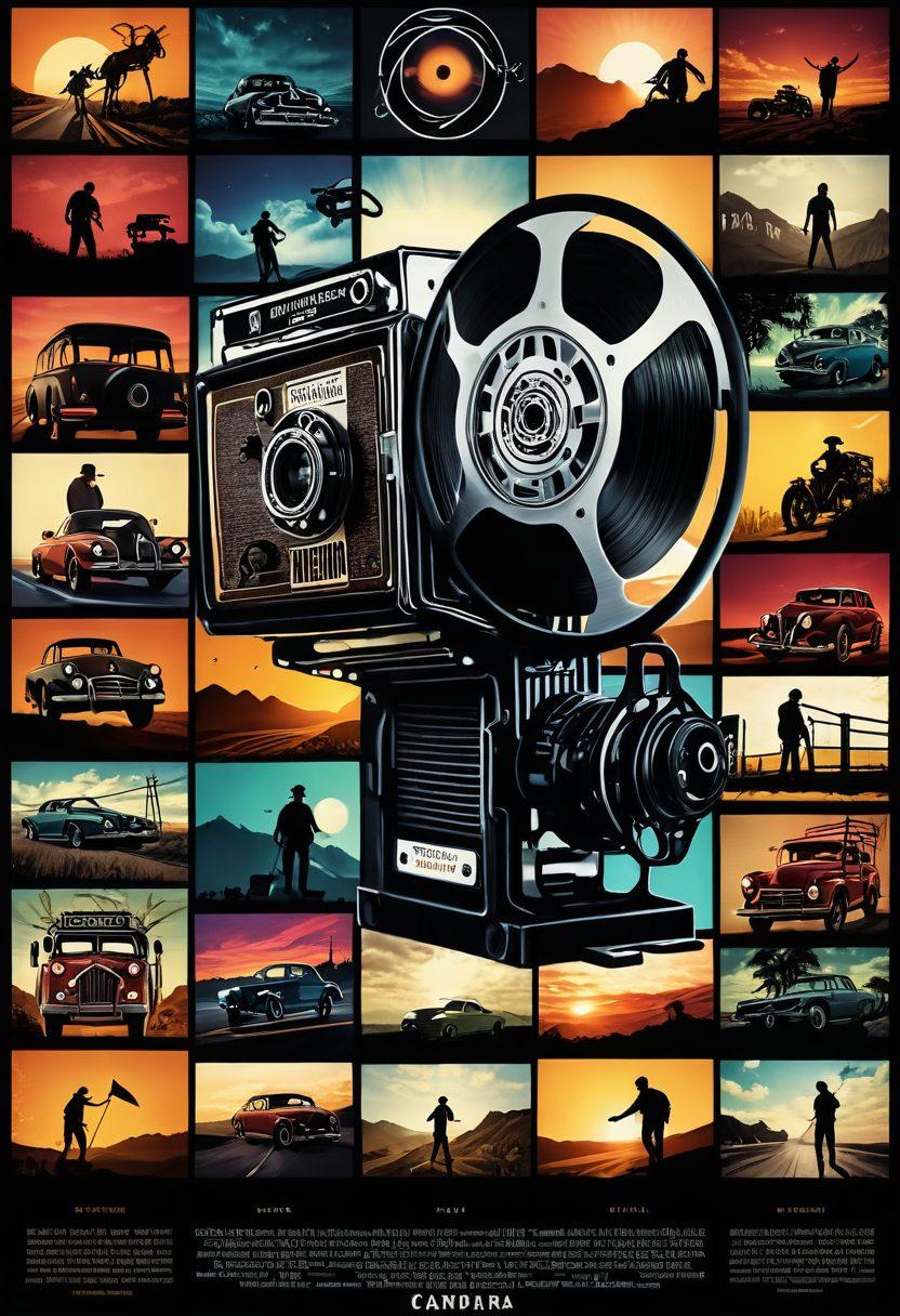 A captivating collage showcasing iconic scenes from various films and documentaries, with a film reel flowing through the center. Each scene should feature dynamic expressions and emotions, highlighting the power of visual storytelling. Include elements like a camera, clapperboard, and colorful film stills that evoke a sense of drama and narrative depth. super-realistic. vibrant colors. cinematic style.