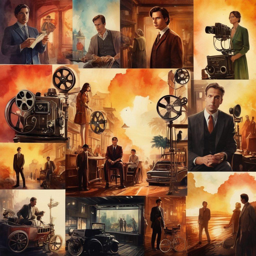 A visually captivating collage featuring various film reels, script pages, and cinematic scenes illustrating storytelling elements. Include diverse characters engaged in dramatic moments, a film set with lighting equipment, and a director's chair symbolizing production techniques. Blend these elements together in a dynamic and artistic manner to convey the essence of film narratives. watercolor style. vibrant colors. dramatic lighting.